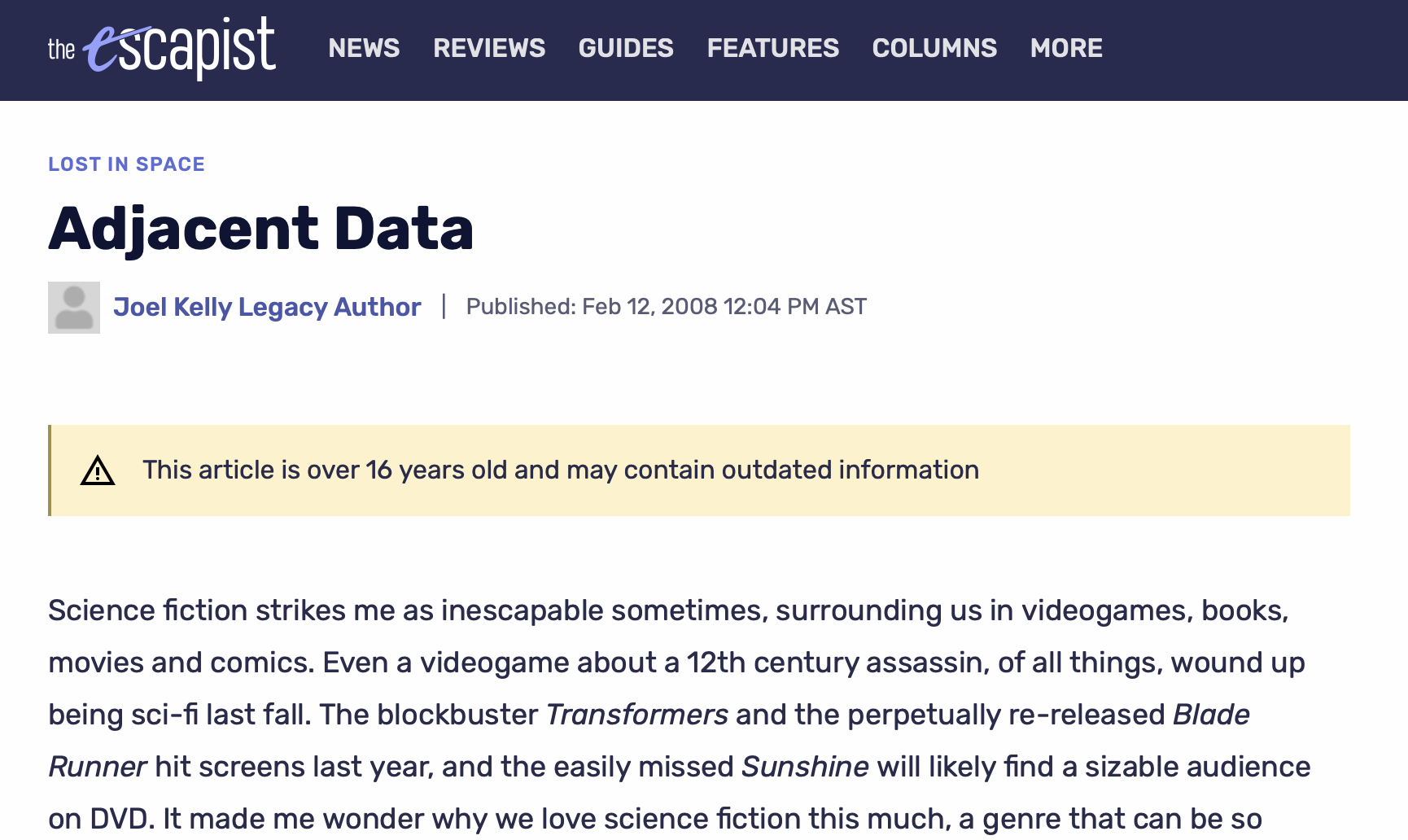 Adjacent Data — Reprinted from Escapist Magazine